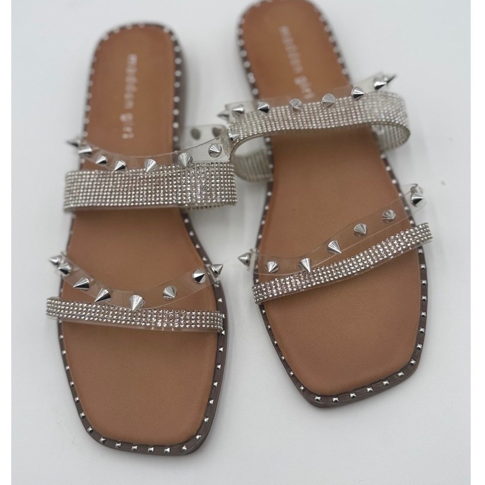 Madden Girl Womens‎ Clear Spike Rhinestone Slide Sandals Tan Silver Square Toe 9